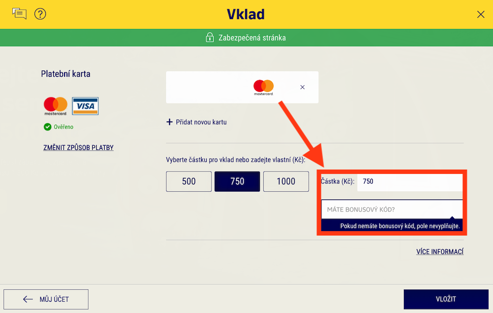 Jak vložit vklad s bonusovým kódem