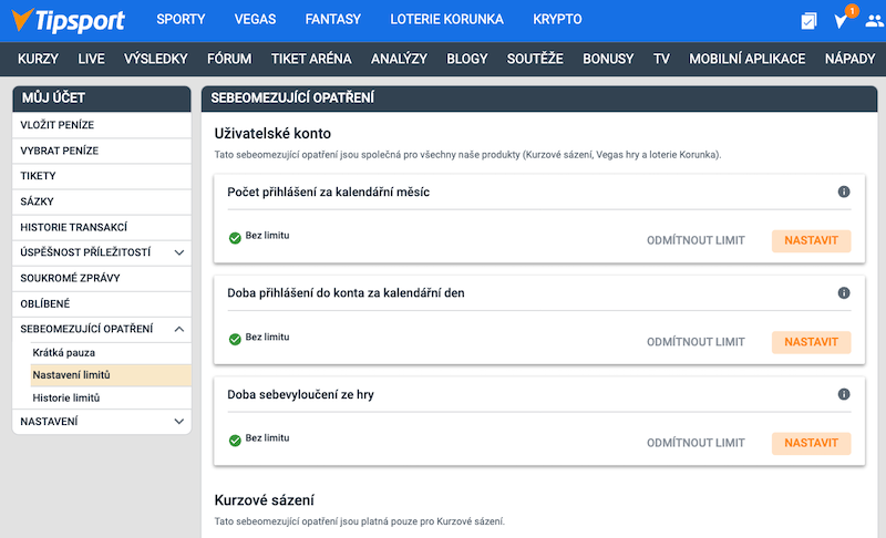 Tipsport nastavení sebeomezujících limitů