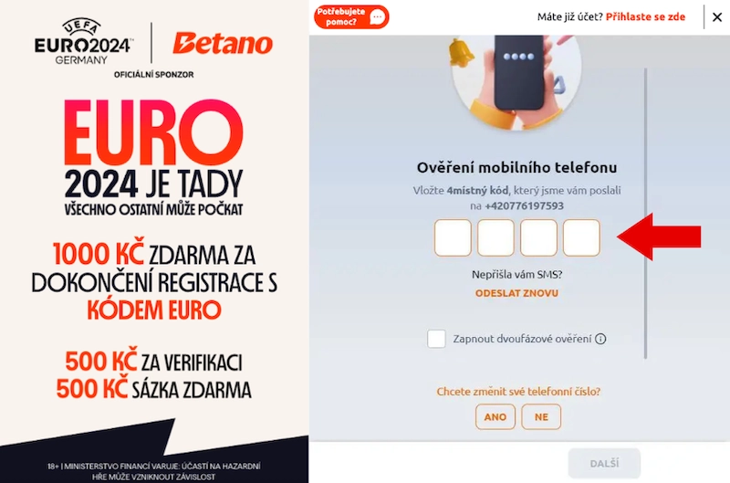 Betano registrace: Ověření e-mailu a SMS kód