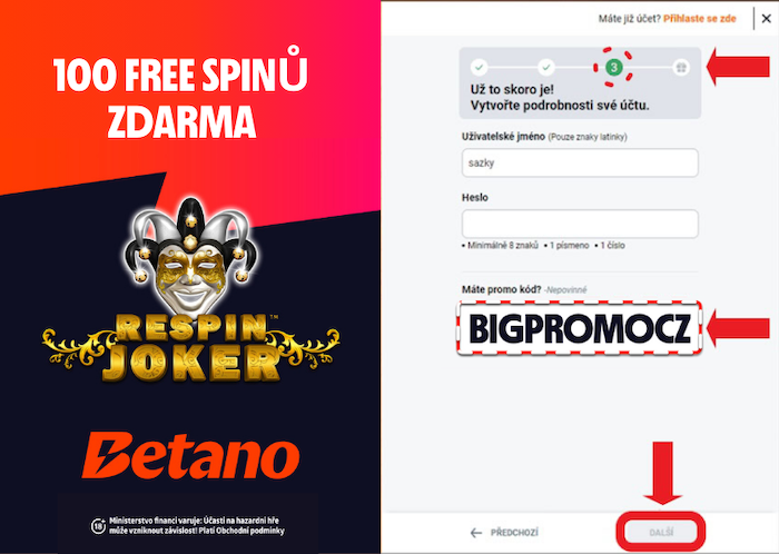 Kam vyplnit promo kód BIGPROMOCZ při registraci u Betano